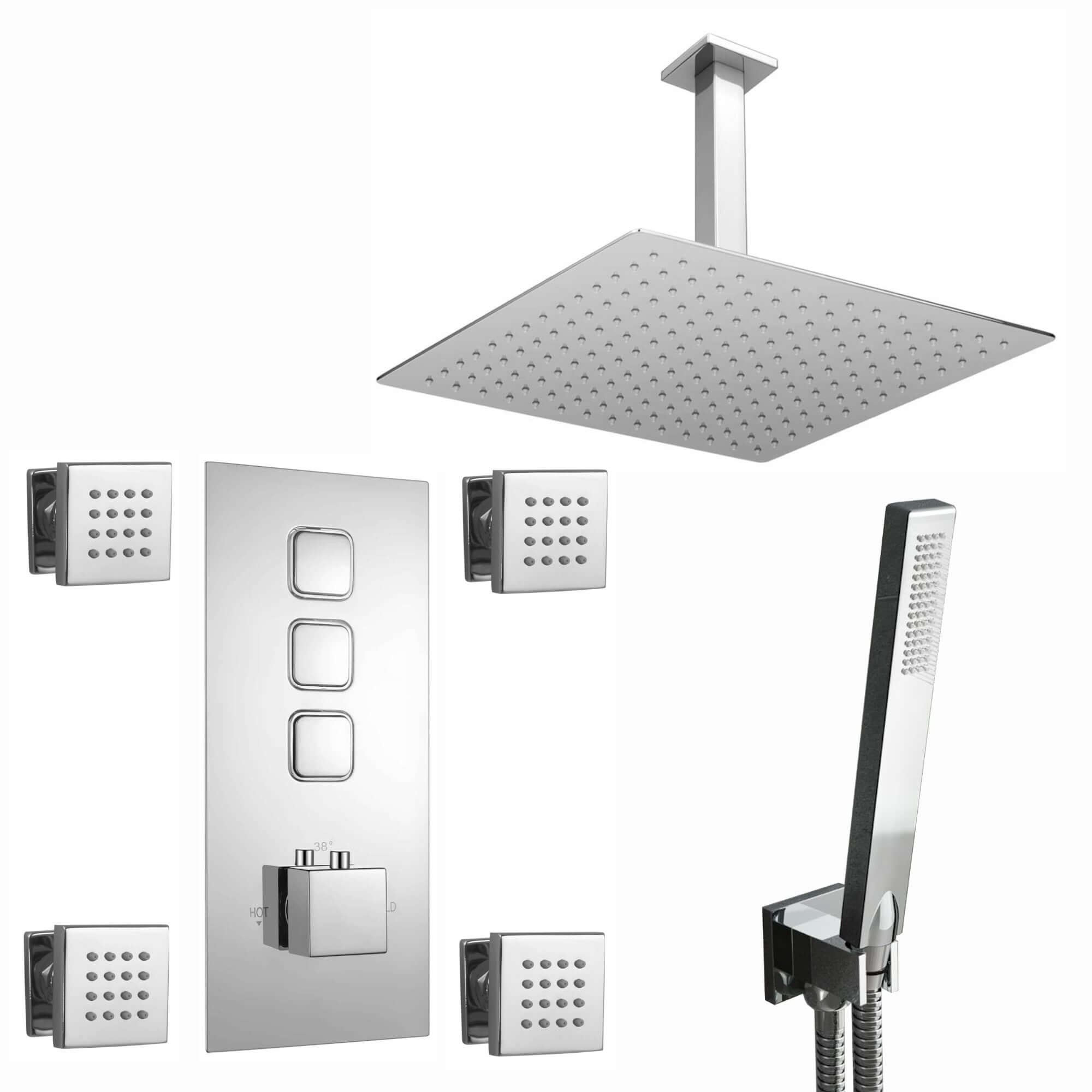 Buy Milan Square Thermostatic Concealed Shower Set with Body Jets, Ceiling Overhead Shower, Handset Kit - Chrome Online UK | HOUSE OF ENKI